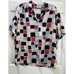 Vtg Donnkenny Classics Blouse Women's Sz‎ L Short Sleeve Colorblocks Button Down